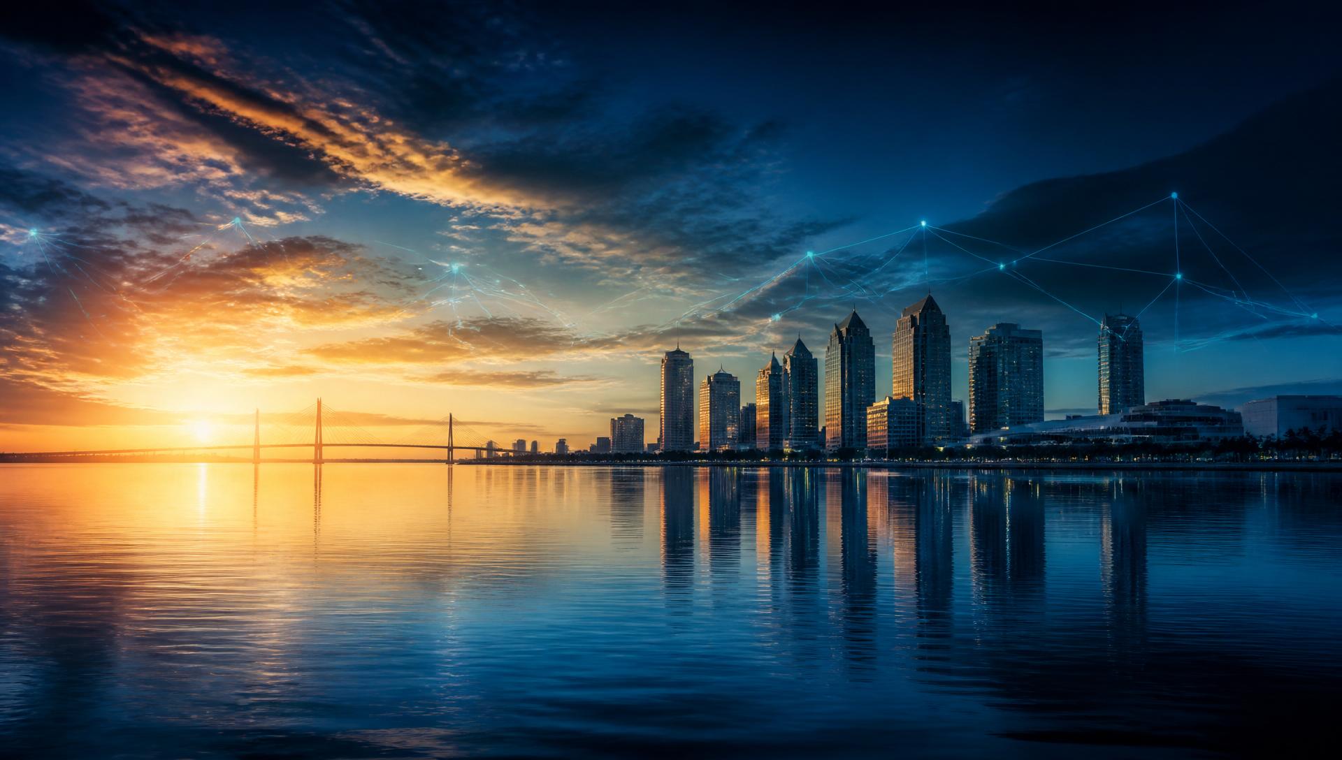 Tampa Bay skyline at sunset with subtle digital connections across the waterfront